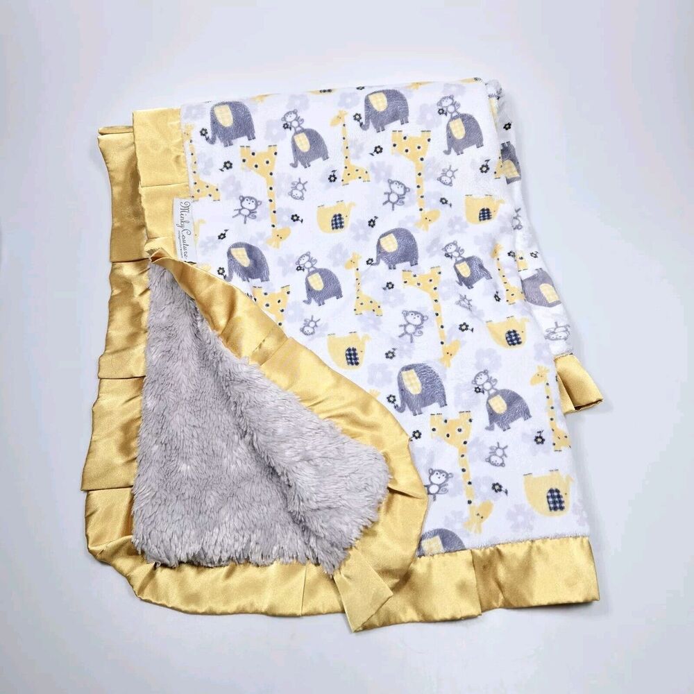 Minky Couture Elephant Monkey Giraffe Satin Trim Baby Blanket Gray Gold Soft